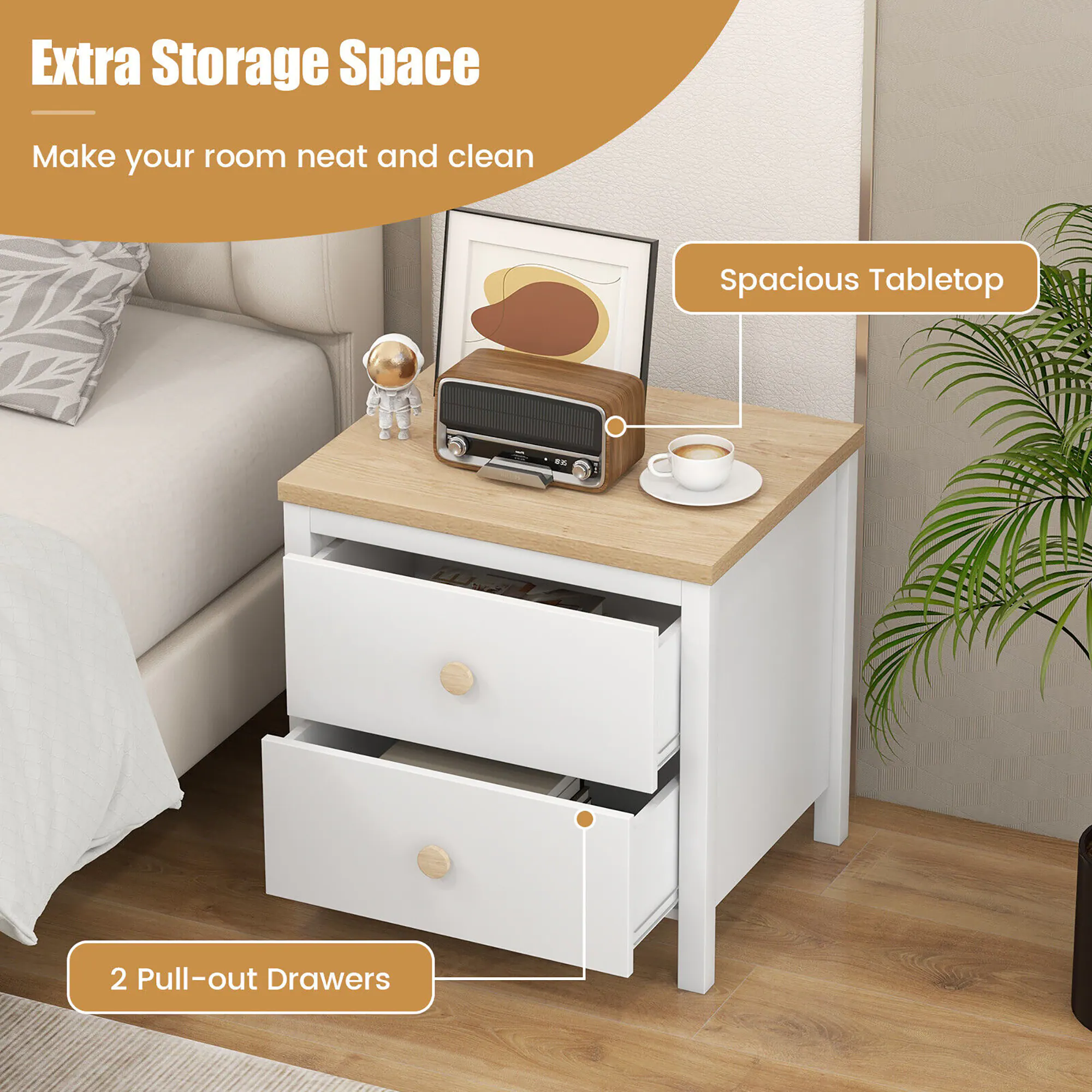 Extra Storage Space: Make your room neat and clean. Spacious Tabletop. 2 Pull-out Drawers.