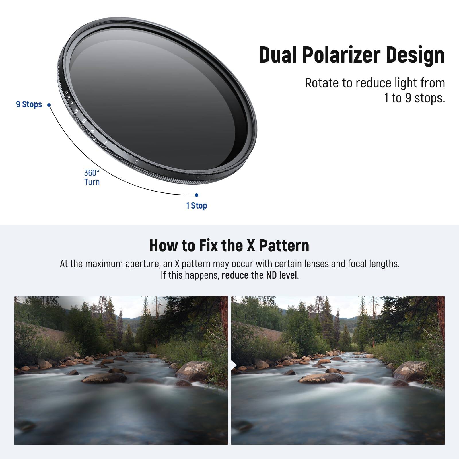 9 Stops 6 Dual Polarizer Design Rotate to reduce light from 1 to 9 stops. 360 Turn 1 1Stop How to Fix the X Pattern At the maximum aperture, an X pattern may occur with certain lenses and focal lengths. If this happens, reduce the ND level.
