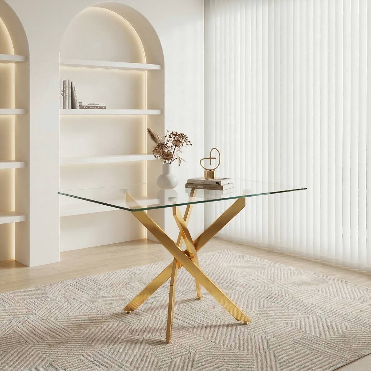 Alt View 4. Loheer - Loheer Rectangular Glass Dining Table with Gold Legs, 47 Inch Tempered Glass Table - Gold.