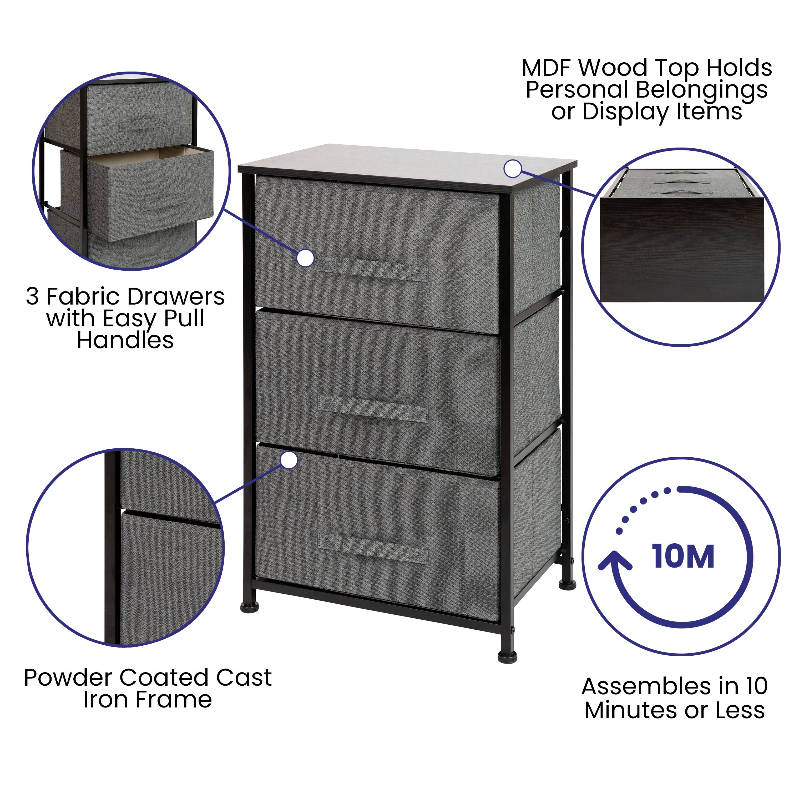 MDF Wood Top Holds Personal Belongings or Display Items  
3 Fabric Drawers with Easy Pull Handles  
10M Powder Coated Cast Iron Frame  
Assembles in 10 Minutes or Less