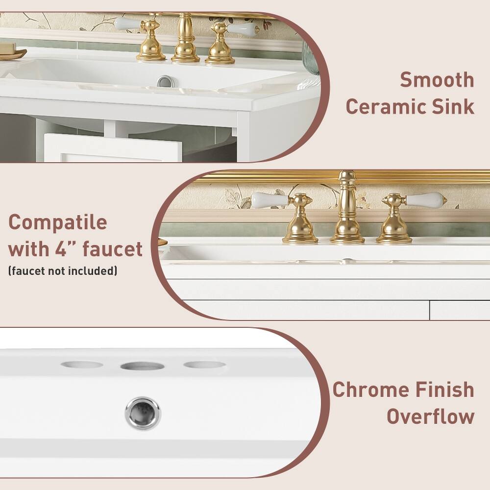 Smooth Ceramic Sink  
Compatible with 4" faucet (faucet not included)  
Chrome Finish Overflow