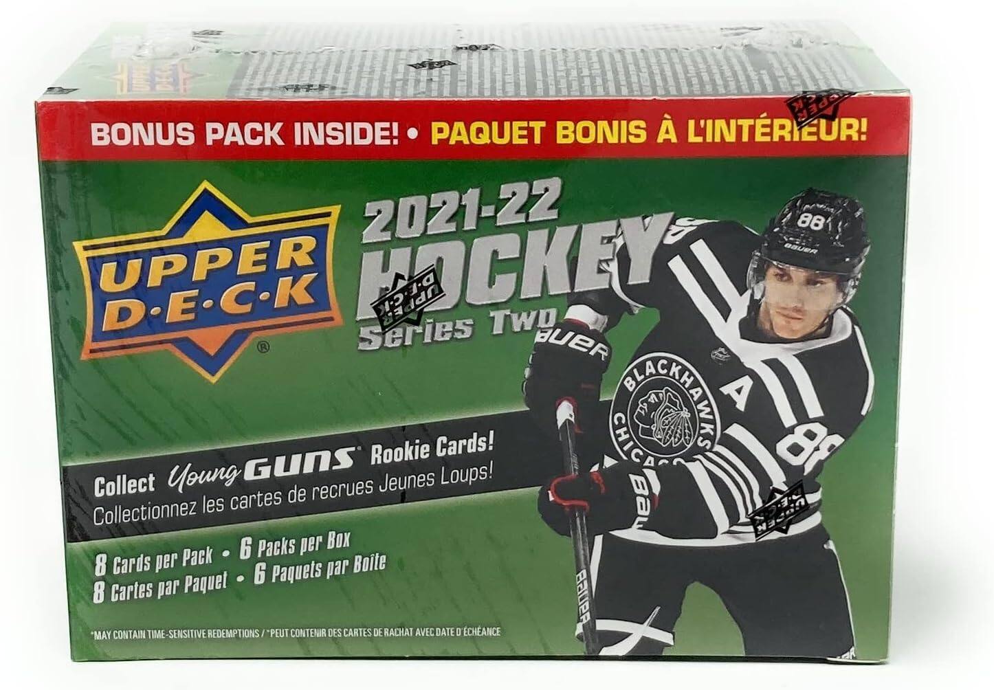 BONUS PACK INSIDE! PAQUET BONIS À L'INTÉRIEUR!  
2021-22 UPPER D.E.C.K Series Two Hockey  
Collect Young Guns Rookie Cards!  
Collectionnez les cartes de recrues Jeunes Loups!  
8 Cards per Pack - 6 Packs per Box  
8 Cartes par Paquet - 6 Paquets par Boite  
MAY CONTAIN TIME-SENSITIVE REDEMPTIONS / PEUT CONTENIR DES CARTES DE RACHAT AVEC DATE D'ÉCHANGE