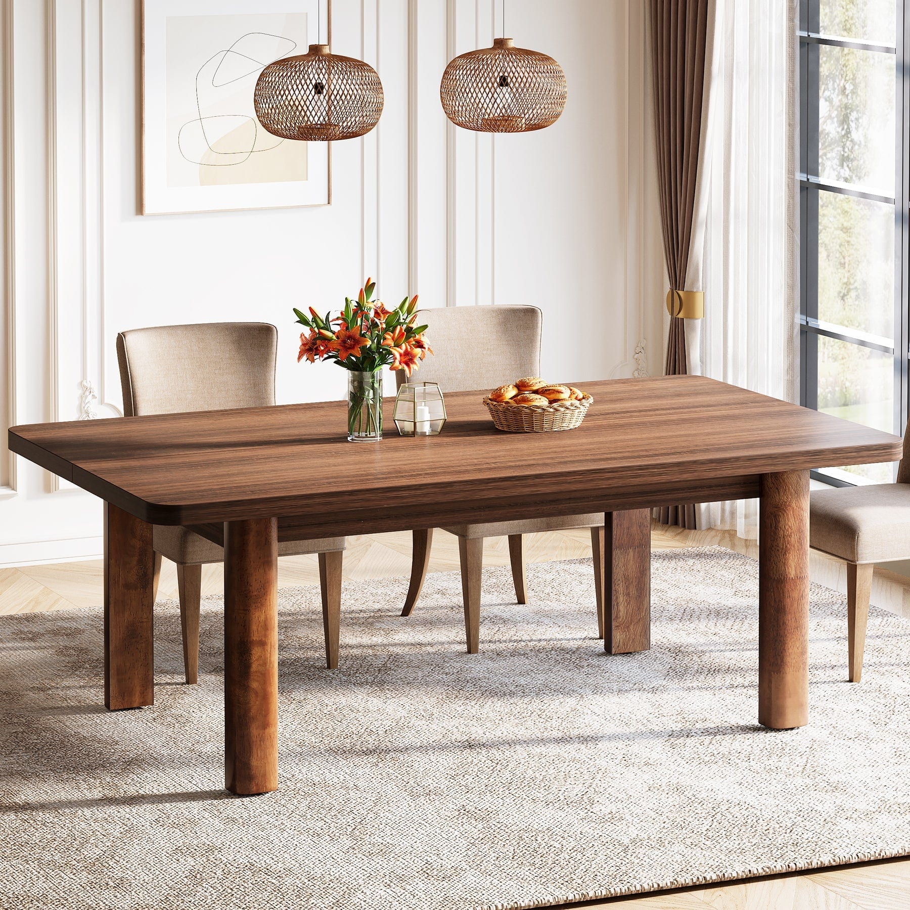 Tribesigns - Farmhouse Solid Wood Dining Table with Rectangular Top for Everyday Meals and Family Gatherings - Brown