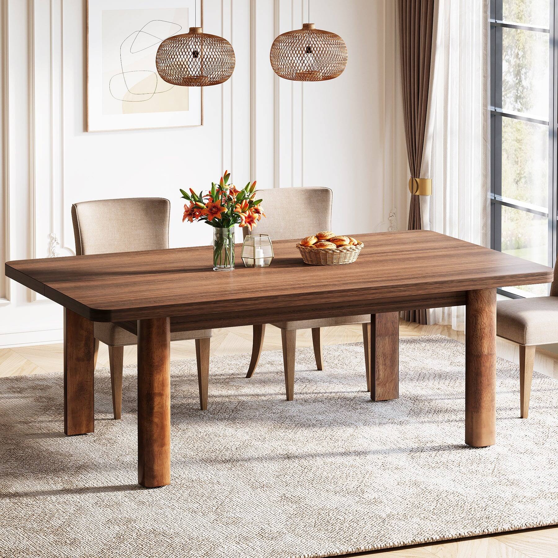Front. Tribesigns - Farmhouse Solid Wood Dining Table with Rectangular Top for Everyday Meals and Family Gatherings - Brown.