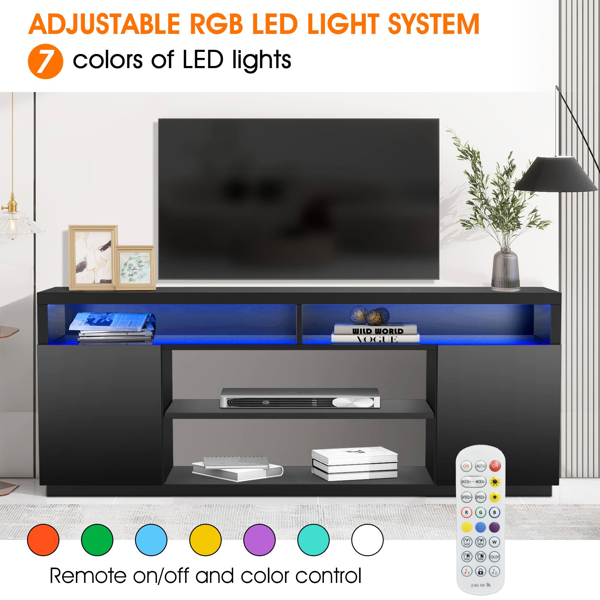ADJUSTABLE RGB LED LIGHT SYSTEM  
7 colors of LED lights  

Remote on/off and color control