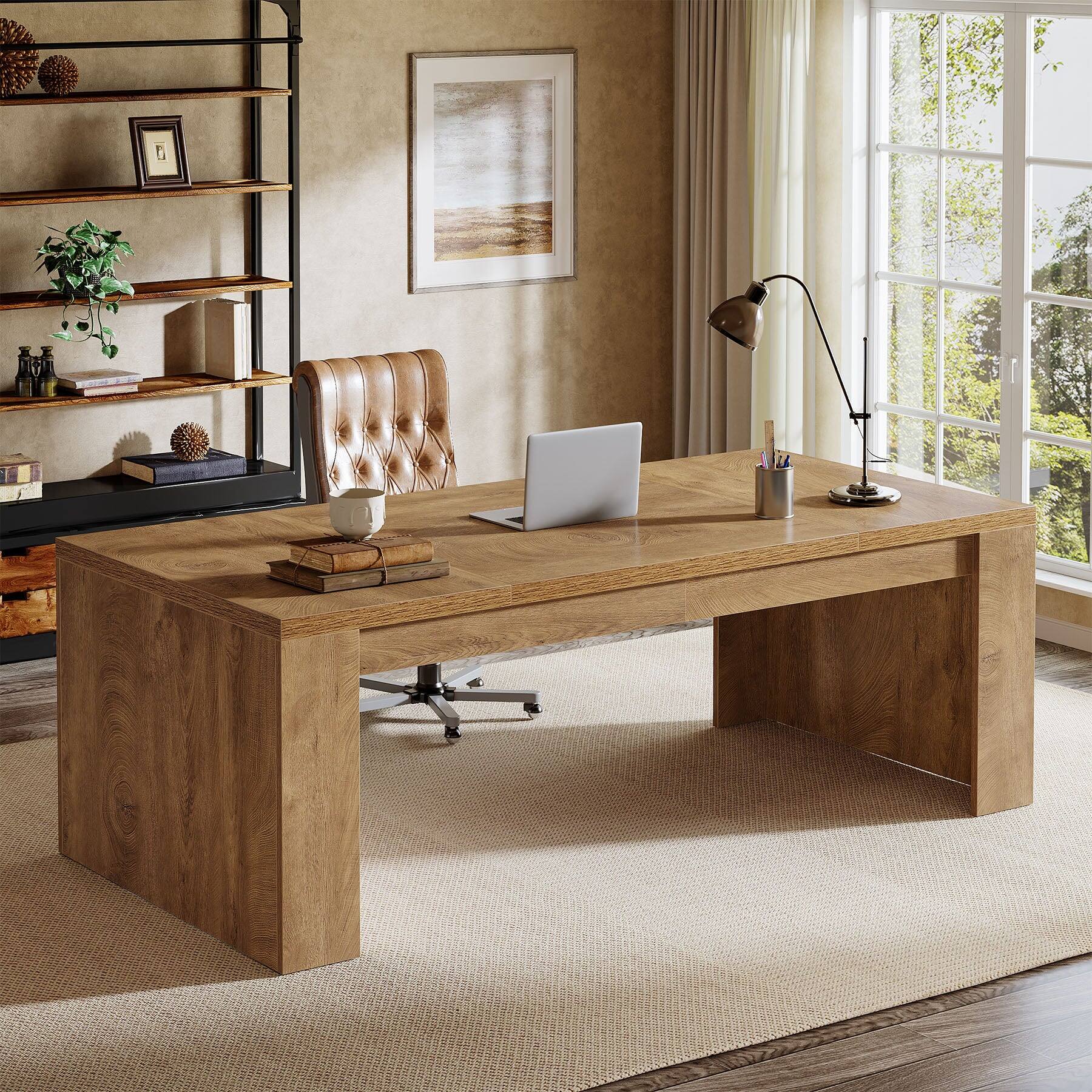 Front. Tribesigns - Office Executive Desk with Engineered Wood Construction, Pedestal Base, for Computer Work and Writing in Home Offices - Brown.