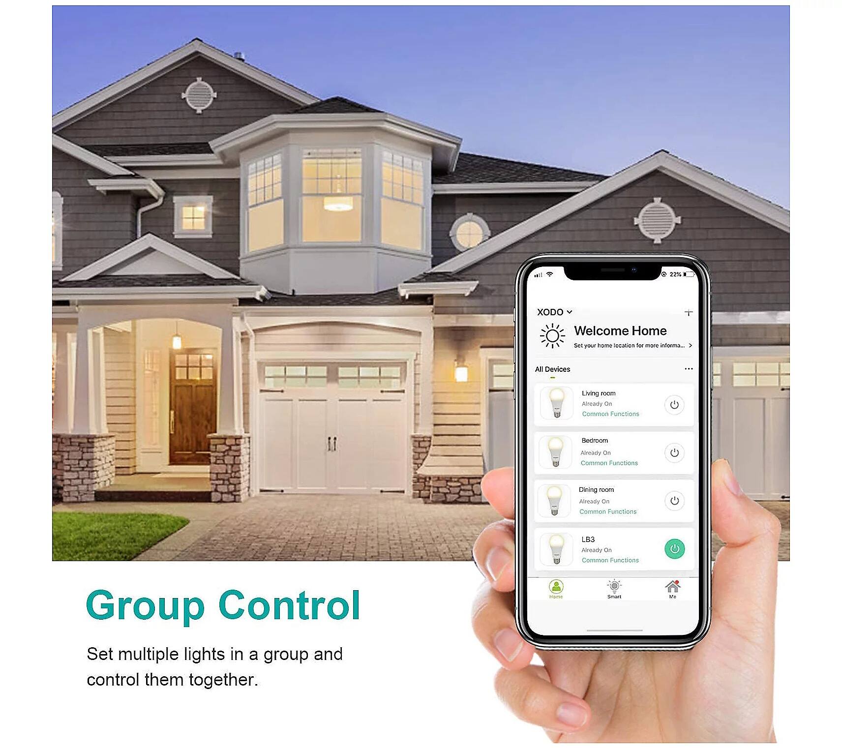 Sure, here is the corrected and grouped text:

---

**Welcome Home**

Set your home location for more information...

**All Devices**

- Living room  
  Already On  
  Common Functions

- Bedroom  
  Already On  
  Common Functions

- Dining room  
  Already On  
  Common Functions

- LB3  
  On  
  Common Functions

**Group Control**

Set multiple lights in a group and control them together.

---