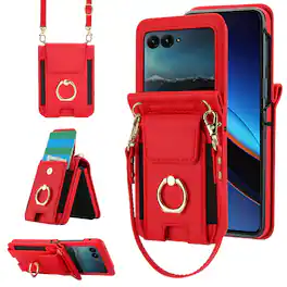 Dteck - For Motorola Razr (2025) Shockproof Leather Ring Kickstand Protective Wallet Case with Shoulder Strap / Lanyard - Red