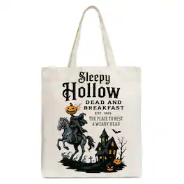 OrnamentallyYou - Headless Horseman Sleepy Hollow Halloween Canvas Tote Bag, Dead and Breakfast Retro Gift - Beige