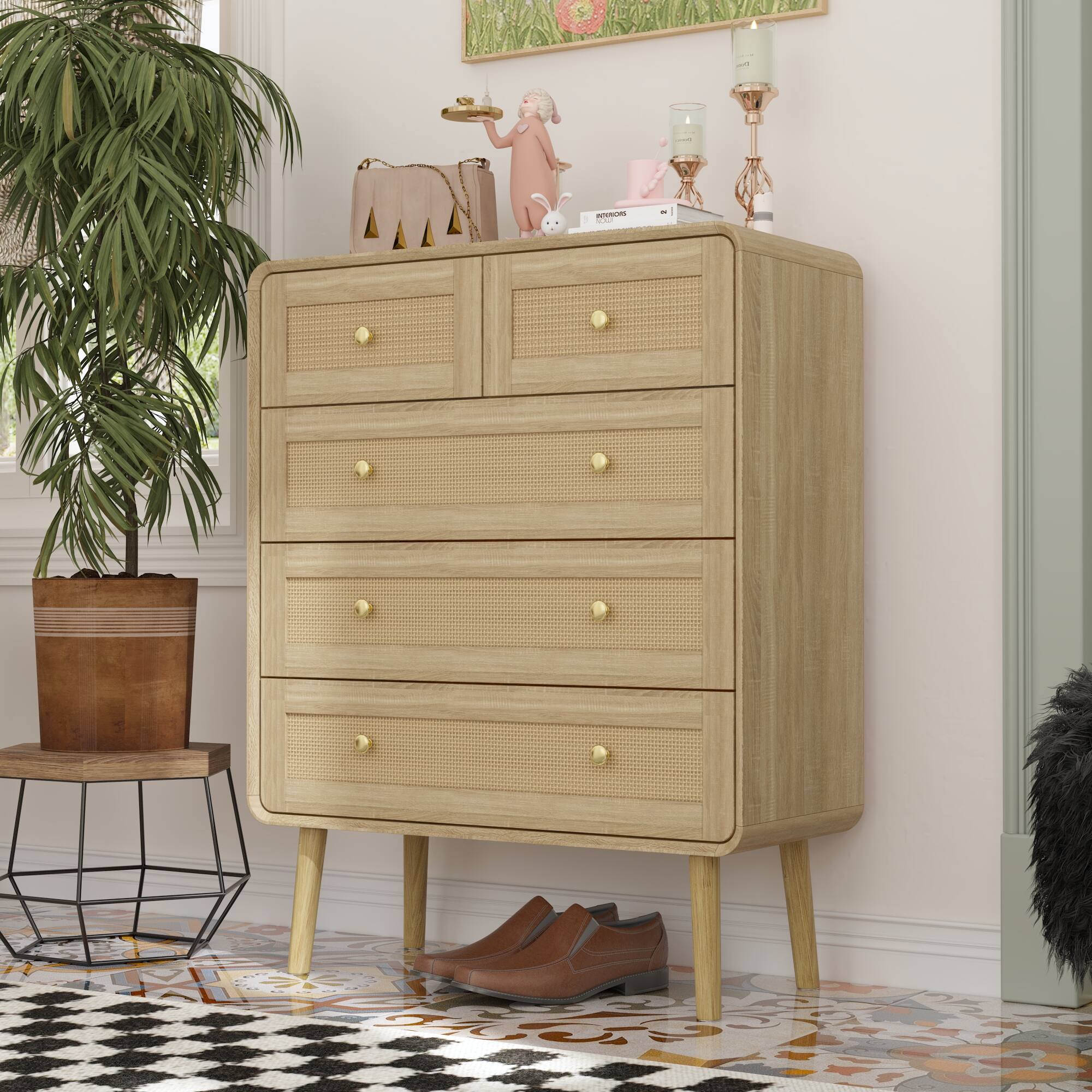 Alt View 10. FUFU & GAGA - FUFU&GAGA 5 - Drawer Vertical Dresser with Anti - Tip & Rattan Accents - Wooden.