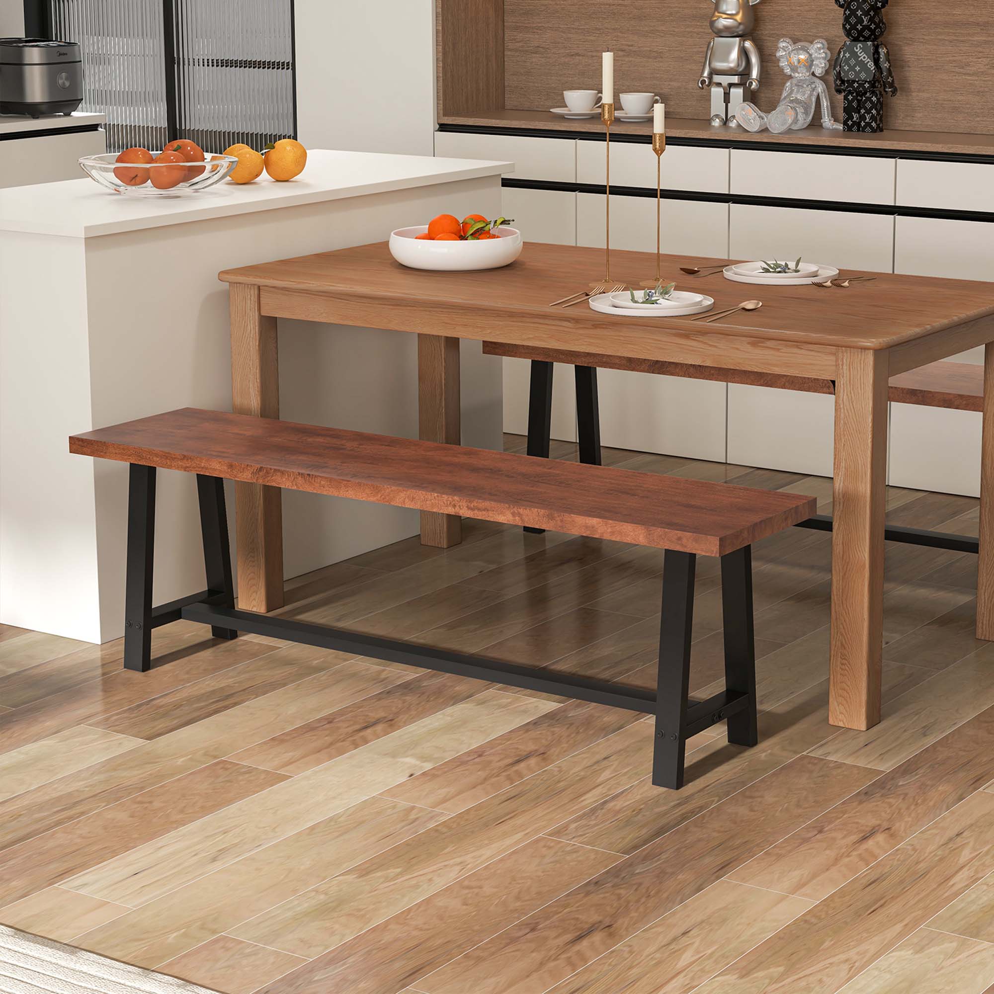 Alt View 3. Costway - Costway 2 PCS 60" Dining Bench 3 Person Entryway Shoe Bench with Metal Frame for Hallway - Walnut,Black.