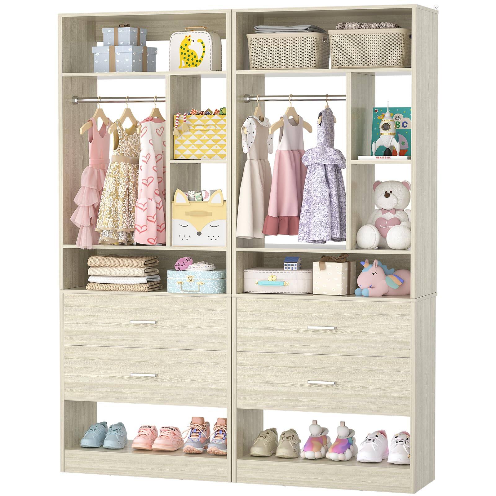 Angle. Aheaplus - 4FT Closet Organizer with 4 Drawers, 10+ Shelves & 2 Rods – Set of 2 (48" L x 15" W x 80" H) - White Oak.