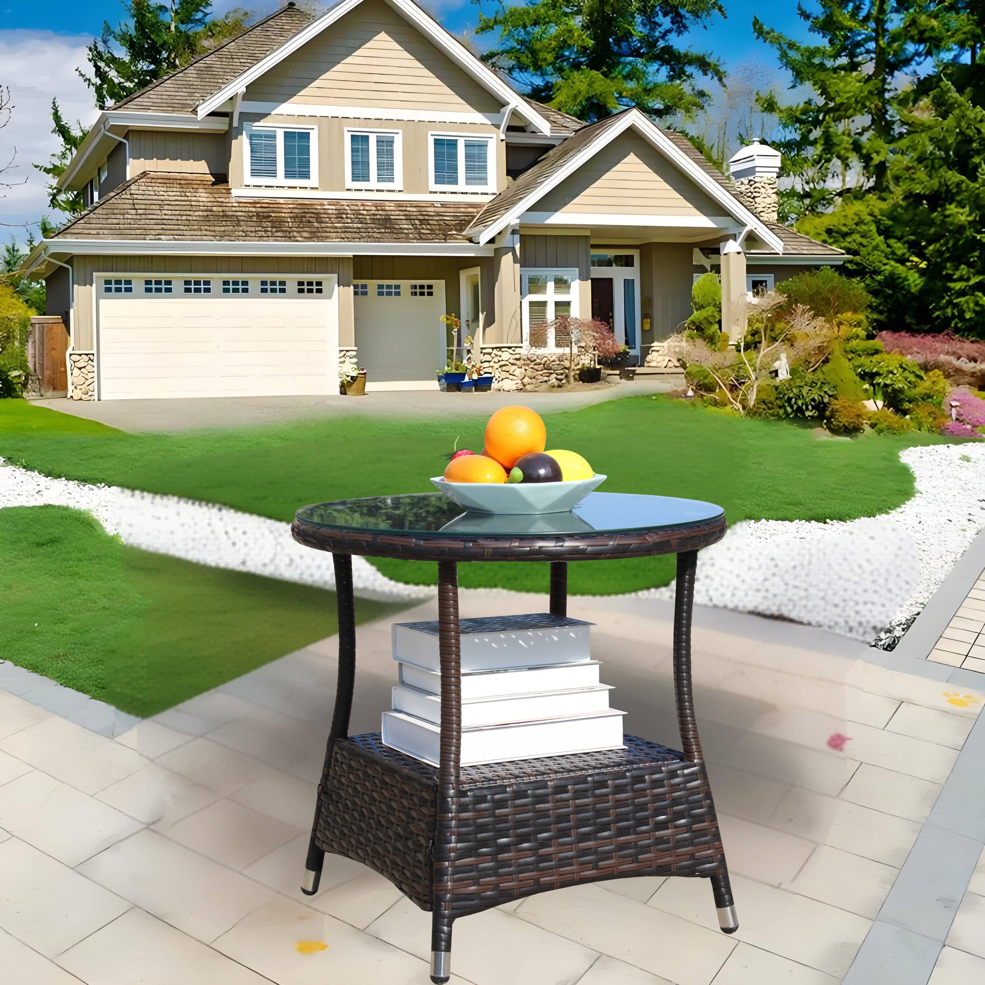 Angle. APRILSOUL - Outdoor patio Furniture 1 Round Coffee Table with clear tempered glass - Brown.