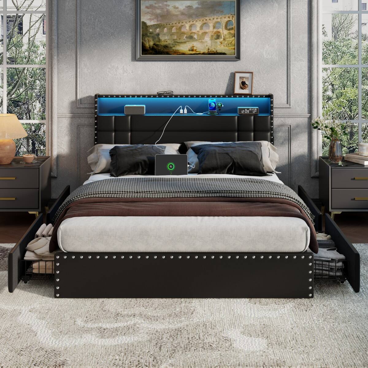 Alt View 9. Furnulem - Bed Frame with 4 Storage Drawers PU Leather Headboard Charging Station LED Lights 2-Tier Shelf No Box Spring Needed - Black.