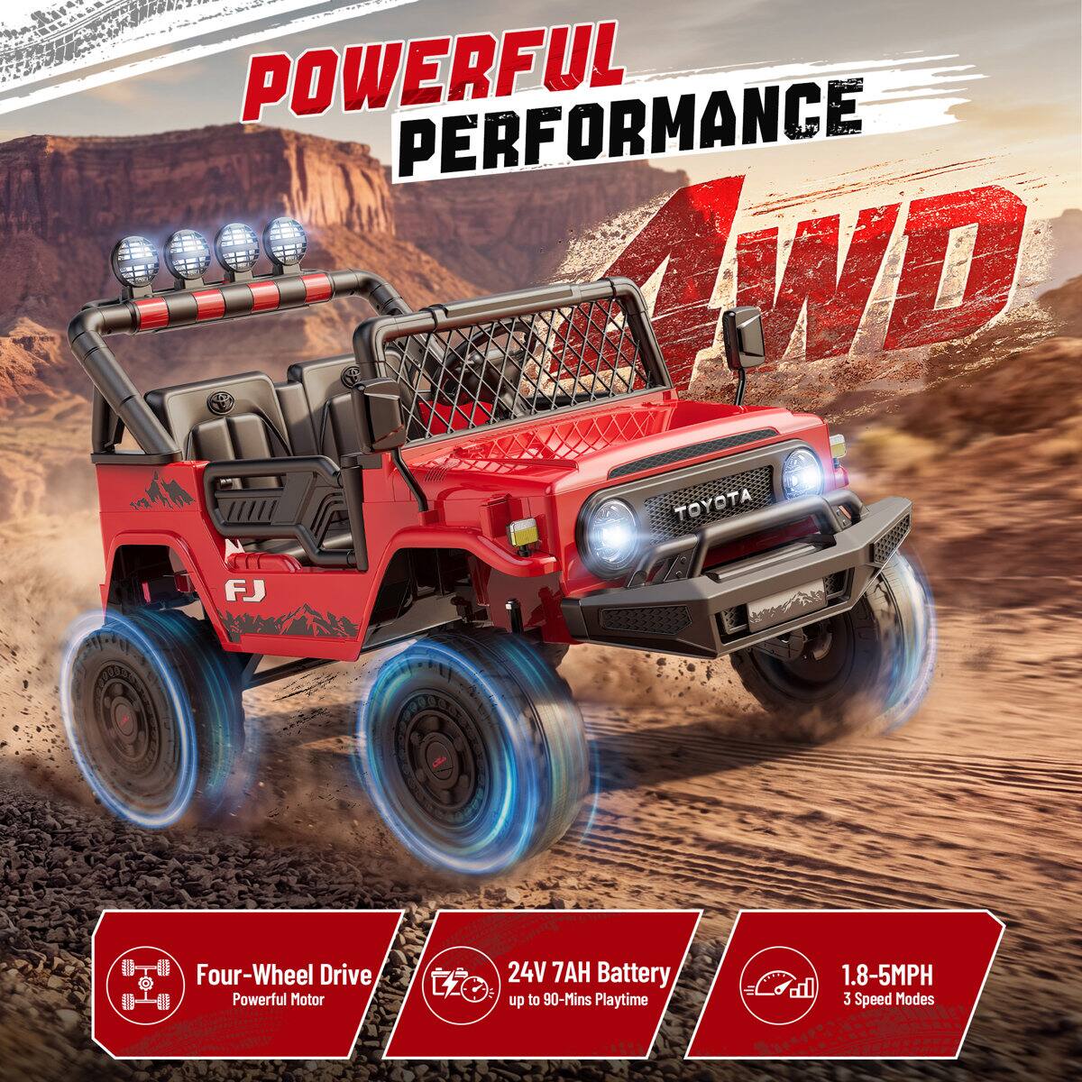 POWERFUL PERFORMANCE 4WD TOYOTA

Four-Wheel Drive Powerful Motor
24V 7AH Battery up to 90-Mins Playtime
1.8-5MPH 3 Speed Modes