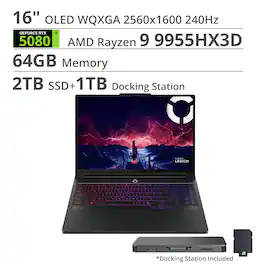 Lenovo - Legion Pro 7 16" Gaming Laptop,Ryzen 9 9955HX,64GB RAM,2TB SSD+1TB Dock Set,GeForce RTX 5080,Backlit,Win 11 - Black