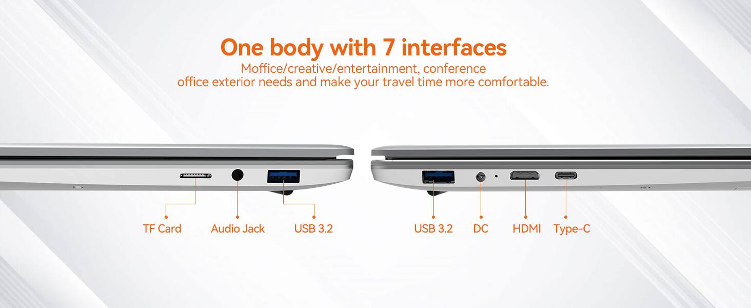 One body with 7 interfaces  
Office/creative/entertainment, conference office exterior needs and make your travel time more comfortable.  

TF Card  
Audio Jack  
USB 3.2  
USB 3.2  
DC  
HDMI  
Type-C