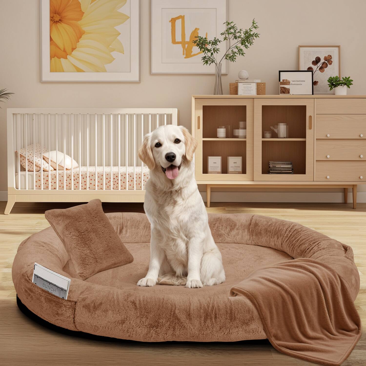 Alt View 4. Furryfection - Oversize Faux Fur Human dog Bed with Pillow and Blanket - Brown.