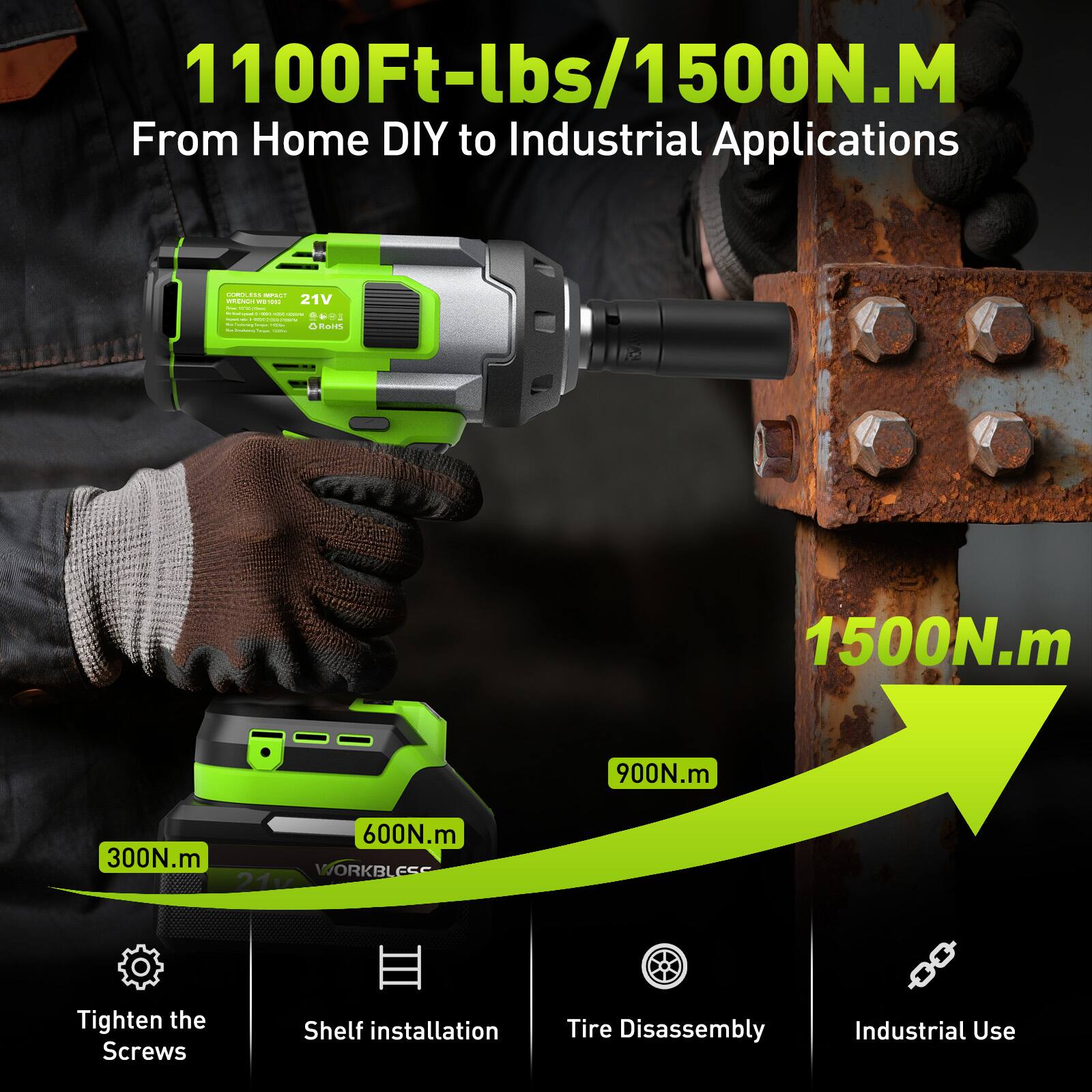 1100Ft-lbs/1500N.M  
From Home DIY to Industrial Applications  

21V  
1500N.m  
900N.m  
300N.m  
600N.m  

Tighten the Screws  
Shelf installation  
Tire Disassembly  
Industrial Use