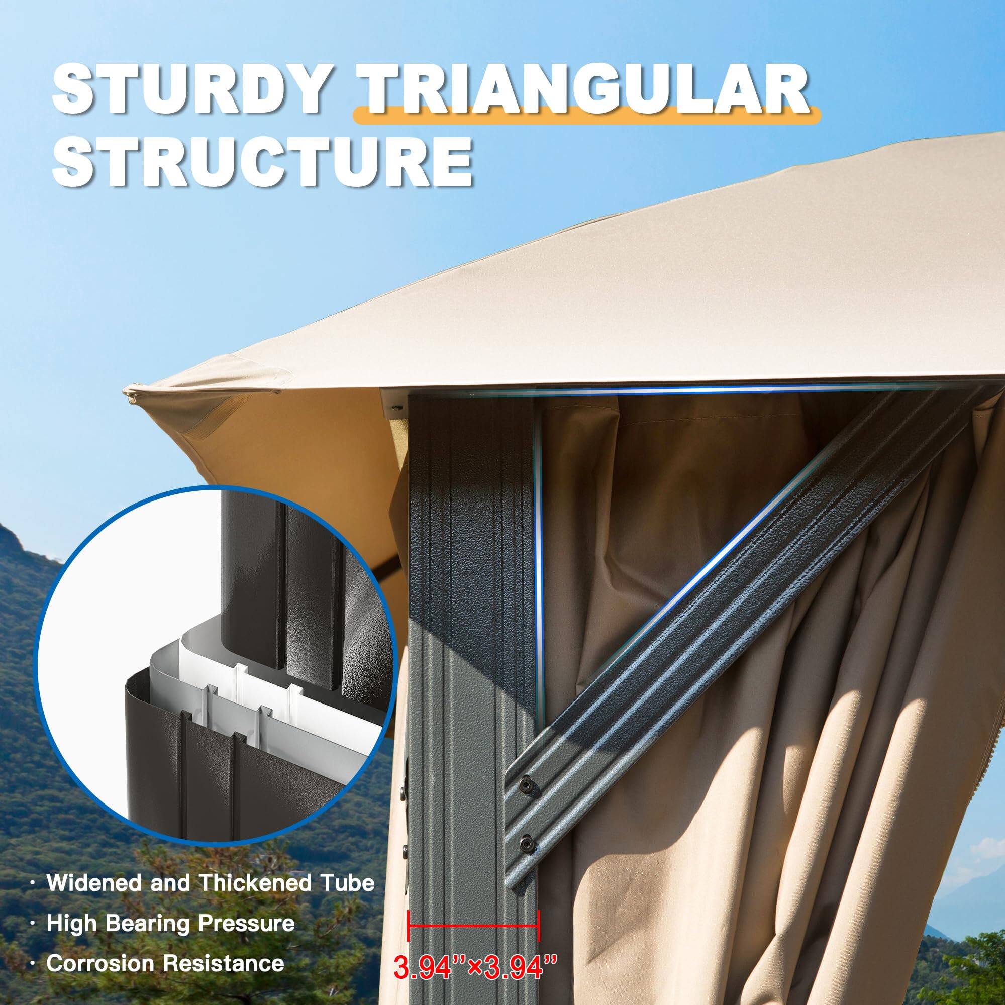 STURDY TRIANGULAR STRUCTURE  
- Widened and Thickened Tube  
- High Bearing Pressure  
- Corrosion Resistance  
3.94" x 3.94"