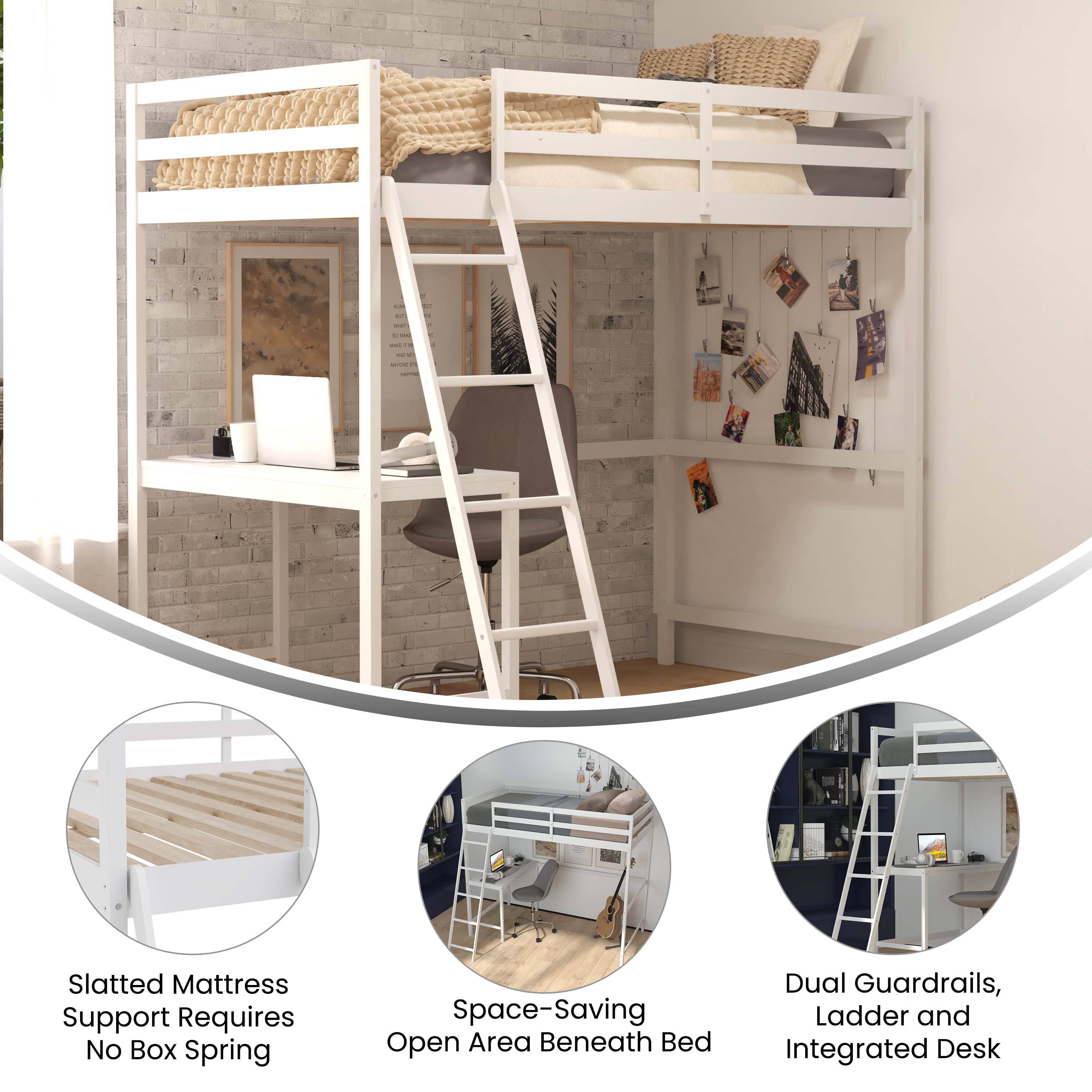 - Slatted Mattress Support Requires No Box Spring
- Space-Saving Open Area Beneath Bed
- Dual Guardrails, Ladder and Integrated Desk