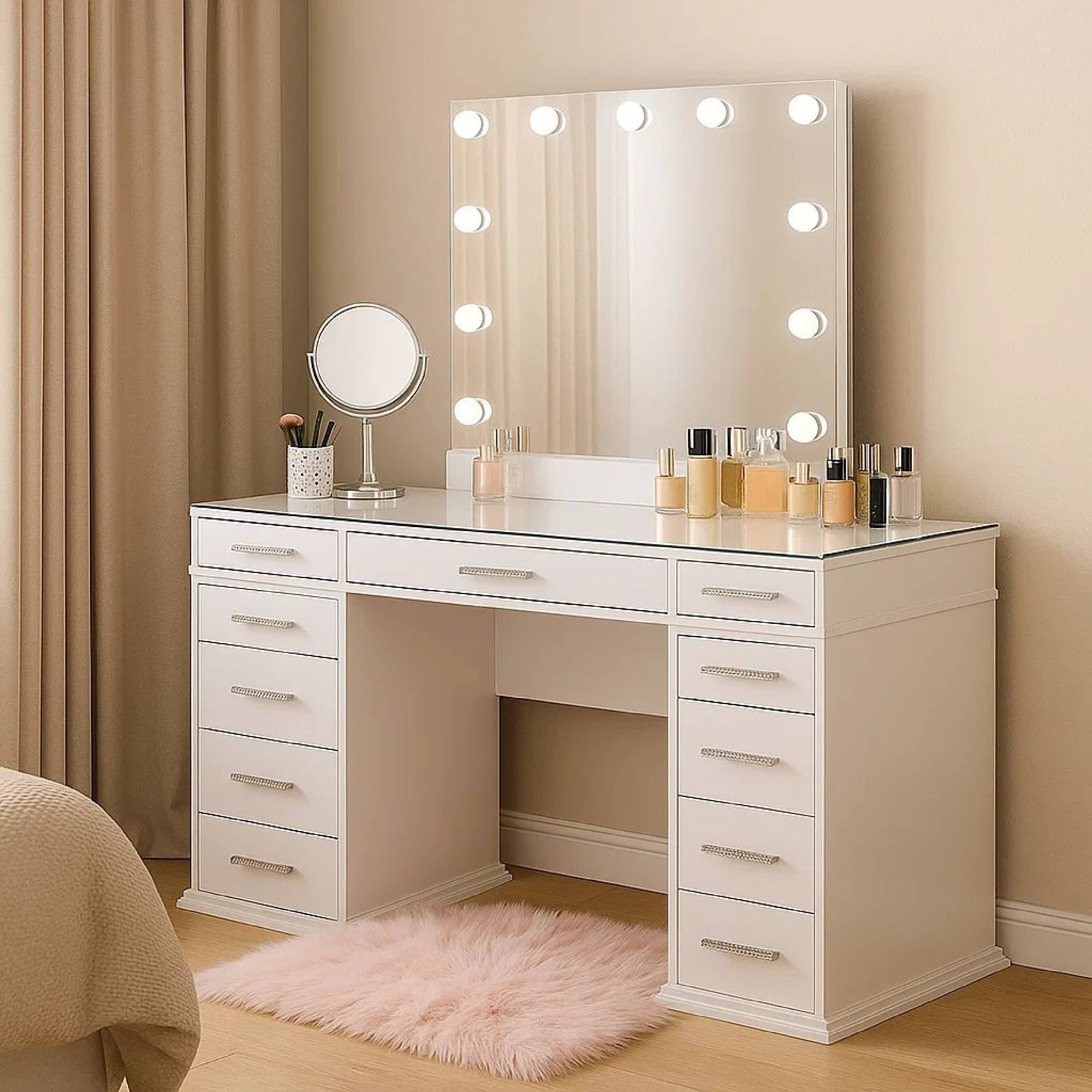 Alt View 7. Manhattan Lane - Vaz 3pc LED Mirror Vanity Table Set, Glass Top, Padded Stool - Luminous White, Gray, Clear.