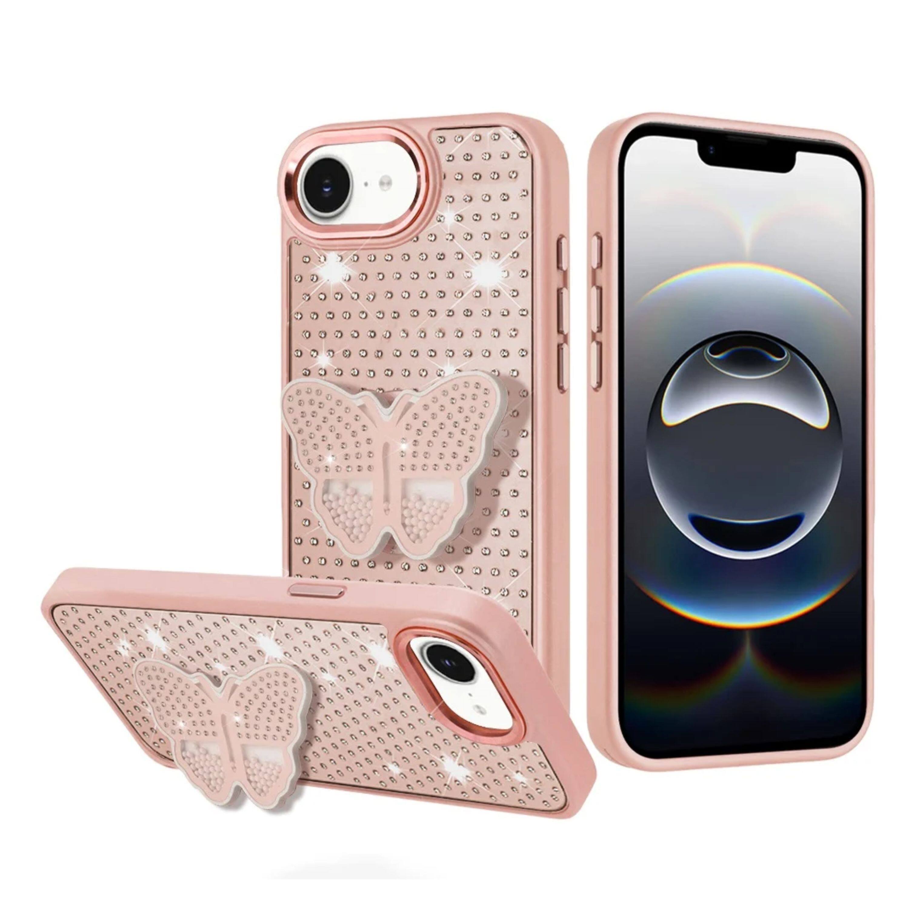 Angle. Kitcheniva - Butterfly Grip Stand Faux Crystals Phone Case With Tempered Glass For iPhone 16e/17e Rose Gold - Rose Gold.