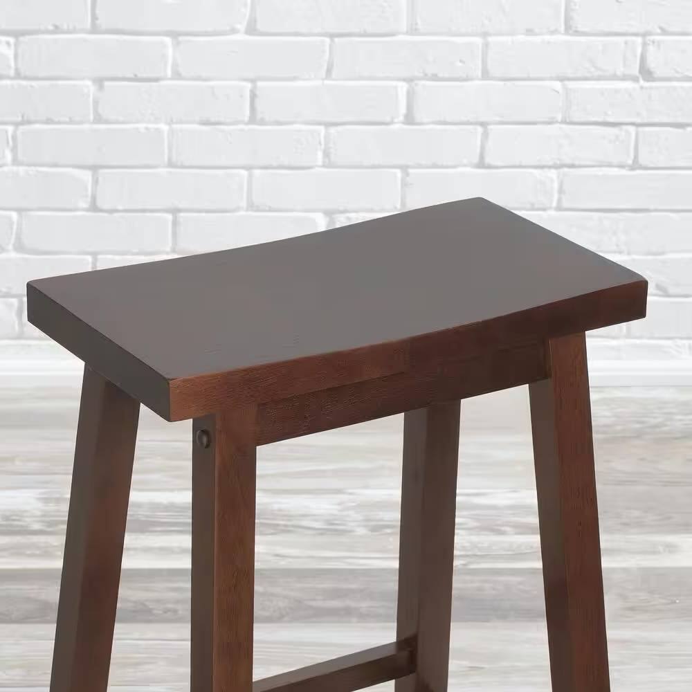 Angle. Hivvago - Set of 2 Farmhouse Bar Height Saddle Seat Barstools in Brown Walnut Wood Finish - brown.