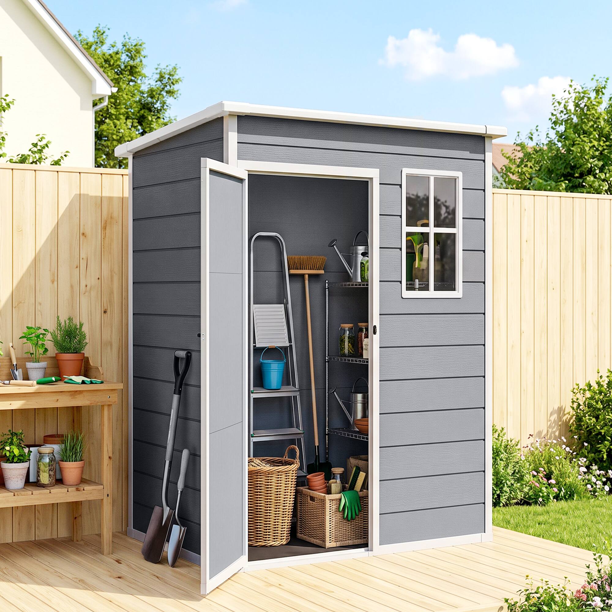 Alt View 1. Outsunny - Garden Shed, 5'x3' Outdoor Storage Shed with Lock, Window, Vent, Utility Tool Shed for Backyard - Gray.