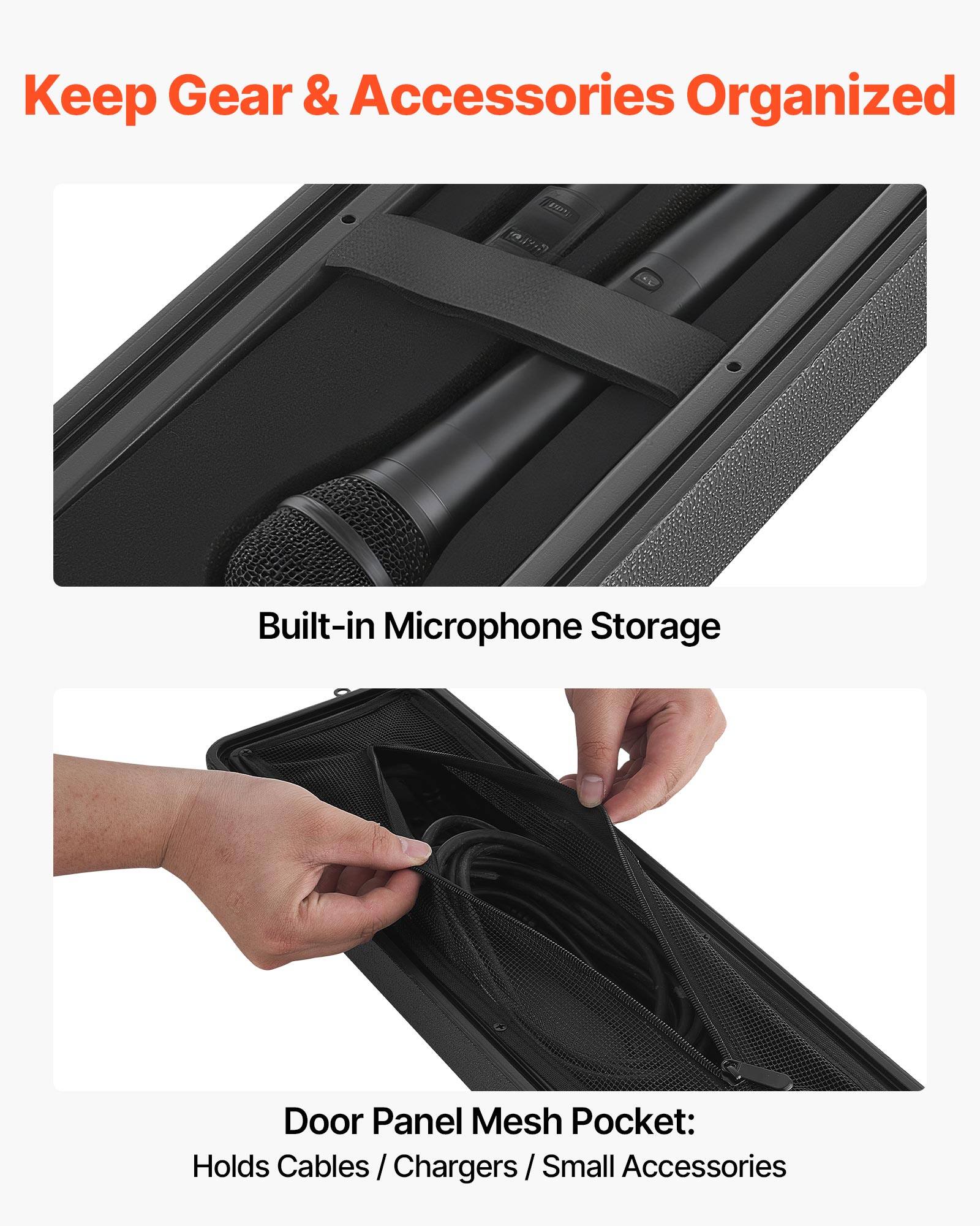 Keep Gear & Accessories Organized

(A Built-in Microphone Storage Door Panel Mesh Pocket: Holds Cables / Chargers / Small Accessories
