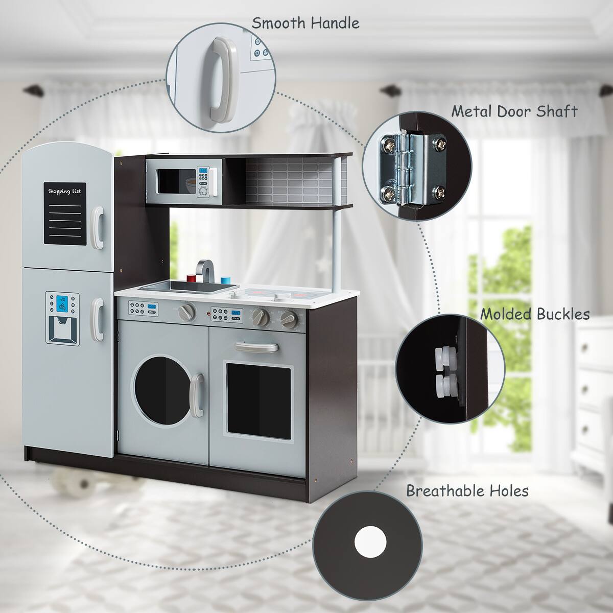 Smooth Handle  
Metal Door Shaft  
Molded Buckles  
Breathable Holes