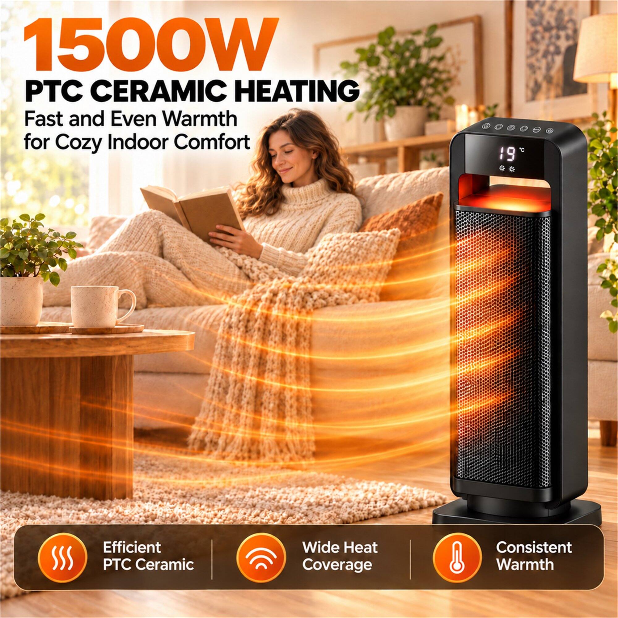 1500W PTC CERAMIC HEATING  
Fast and Even Warmth for Cozy Indoor Comfort

Efficient PTC Ceramic  
Wide Heat Coverage  
Consistent Warmth