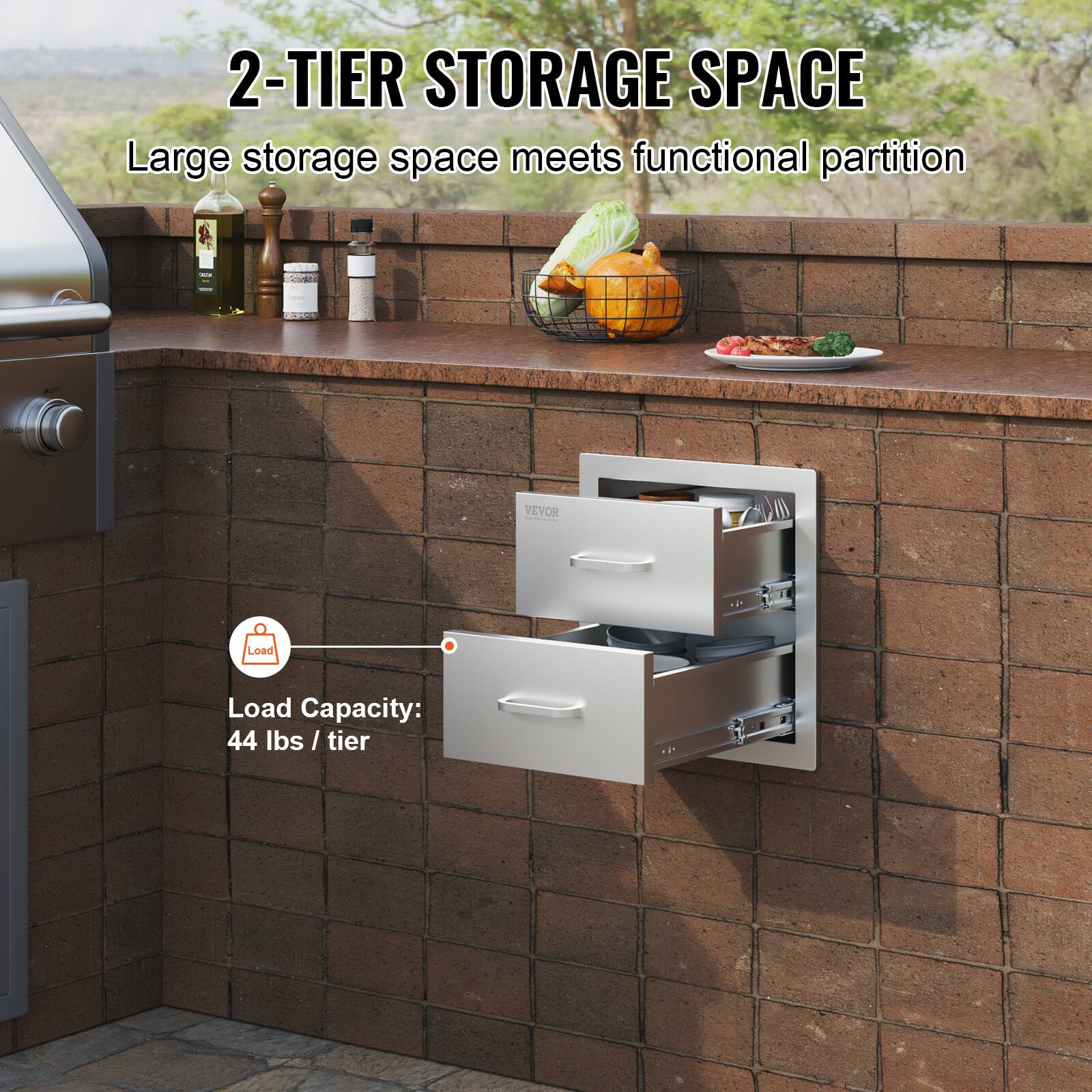 2-TIER STORAGE SPACE  
Large storage space meets functional partition  

Load Capacity:  
44 lbs / tier