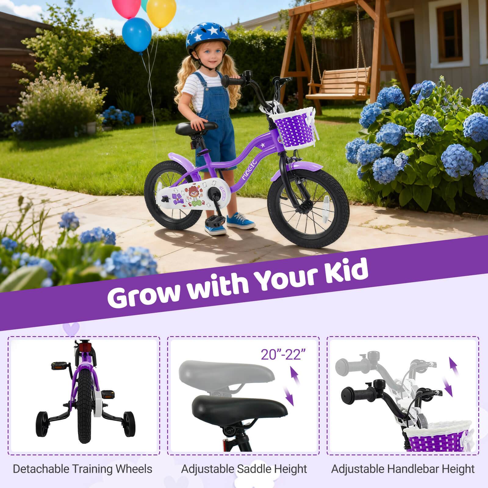 Sure, here is the corrected and grouped text from the image:

---

**Grow with Your Kid**

- **BSSE MAGIC AR**
- **20"-22" Detachable Training Wheels**
- **Adjustable Saddle Height**
- **Adjustable Handlebar Height**

---

**Features:**
- Detachable Training Wheels
- Adjustable Saddle Height (20"-22")
- Adjustable Handlebar Height