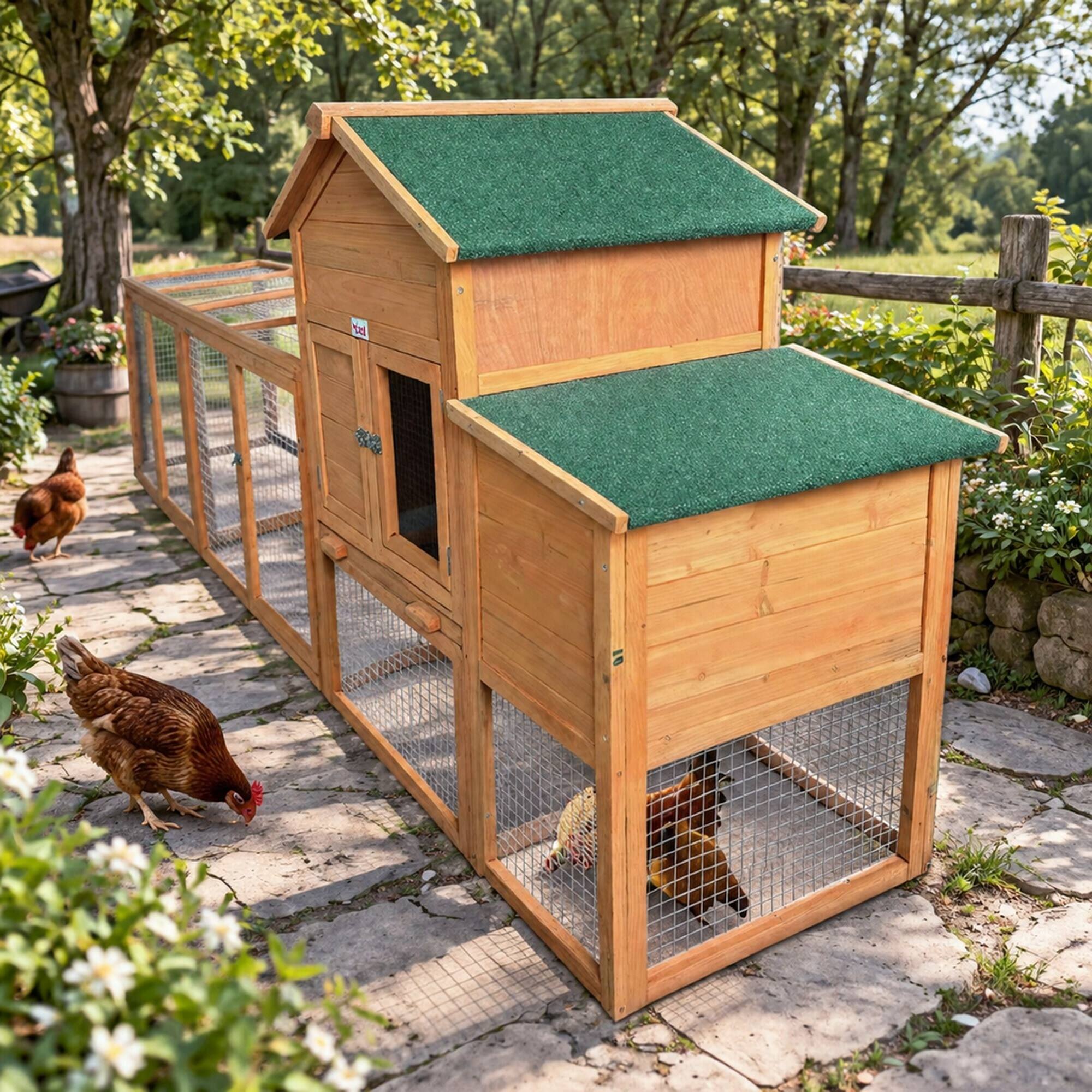 Angle. RYHNUYNE - Large Wooden Chicken Coop with Run, Hen House for 2-6 Chickens, Nesting Box, Fir Wood.