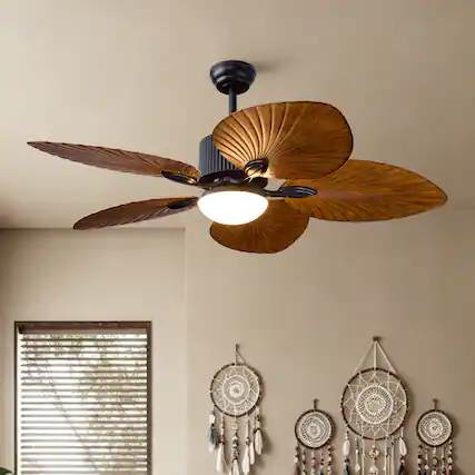 Front. Siljoy - 52 Inch Palm Leaf Ceiling Fan with Light, Leaf-Shaped Blades, Dimmable LED & Remote Control for Tropical Home Decor - Brown.