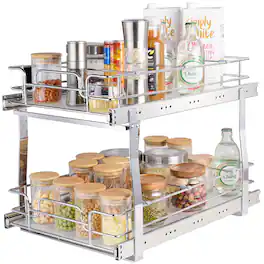 VEVOR - 2 Tier 14"Wx21"Dx15"H Pull Out Cabinet Organizer, Heavy Duty Slide Out Pantry Shelves, Steel Roll Out Drawers - Silver