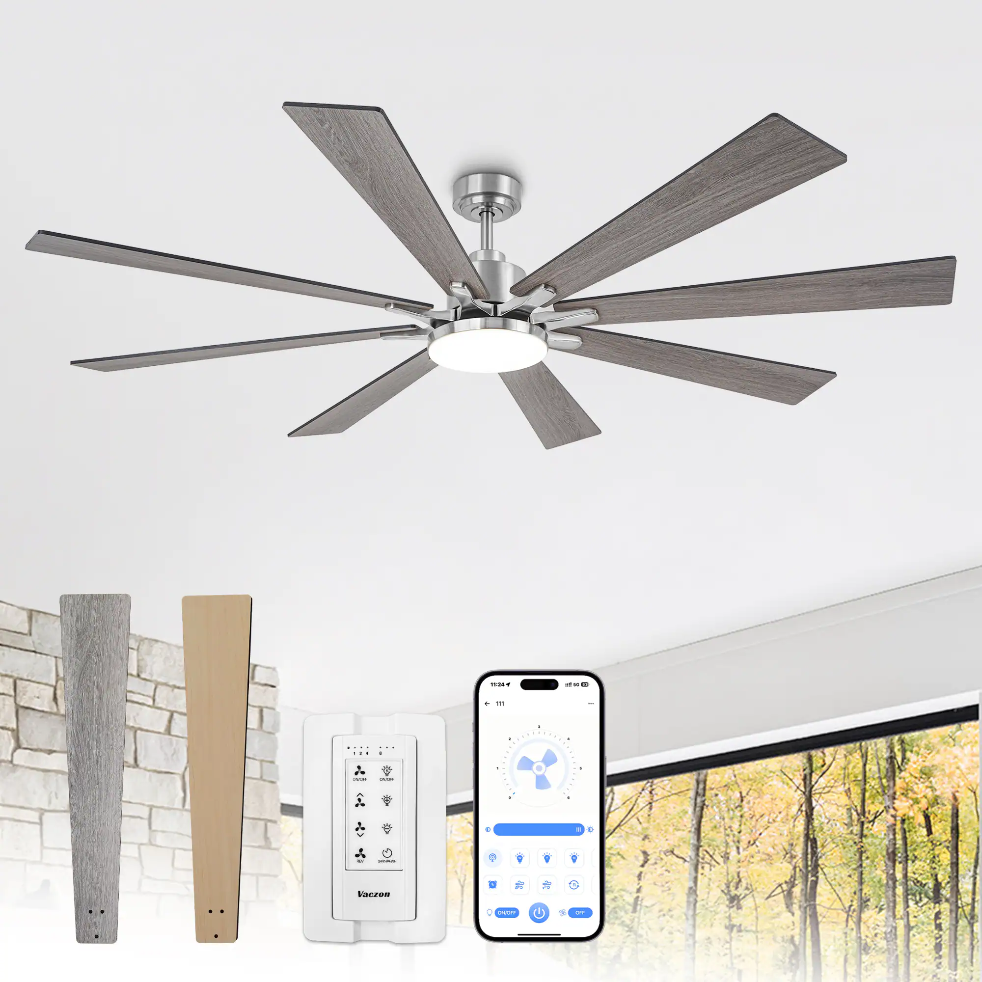 Vaczon - 72" Brushed Large Smart Ceiling Fan with Light and APP Control, Reversible Blades - Nickel