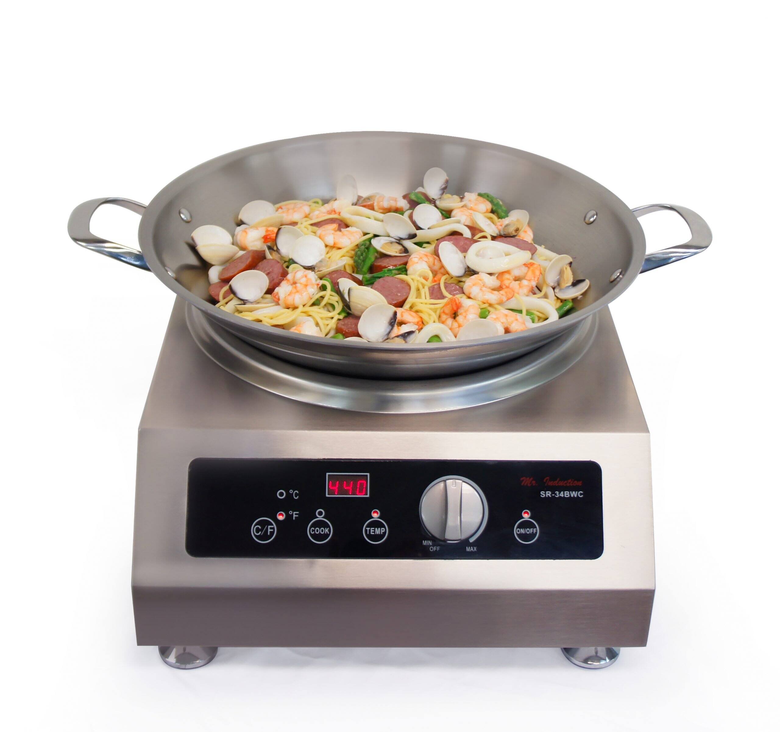 The text on the image reads:

"Mrs. Induction  
SR-34BWC  
MIN - MAX  
ON/OFF  
°C  
°F  
C/F  
COOK  
TEMP  
440"