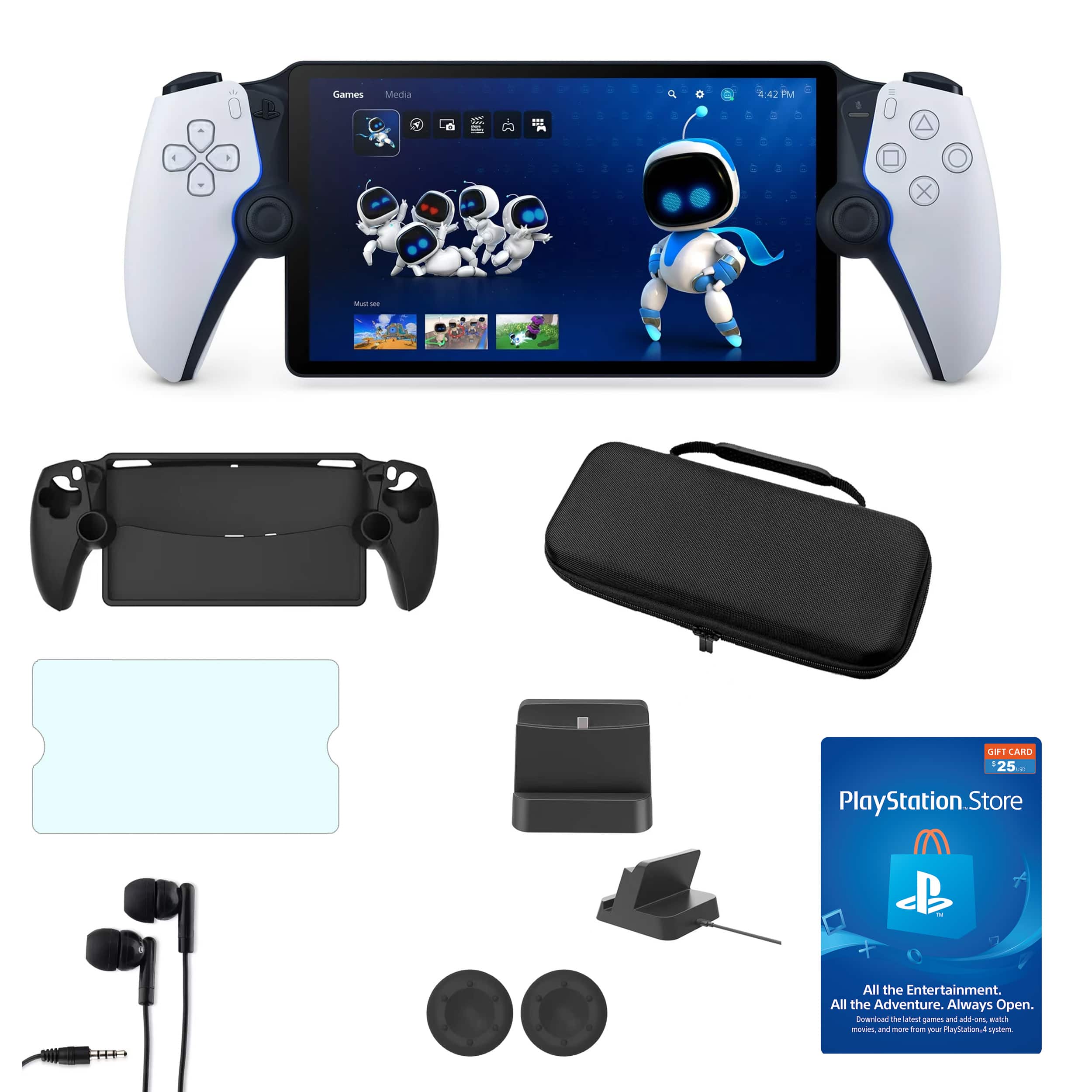 The image features a PlayStation Vita with various accessories and a PlayStation Store card. The accessories include a headset, a case, and a screen protector. The PlayStation Store card is placed on the lower right side of the image. The Vita is displayed in the upper left part of the image, while the headset is located in the lower left corner. The case is situated in the middle-right area, and the screen protector is placed in the lower-middle section of the image.