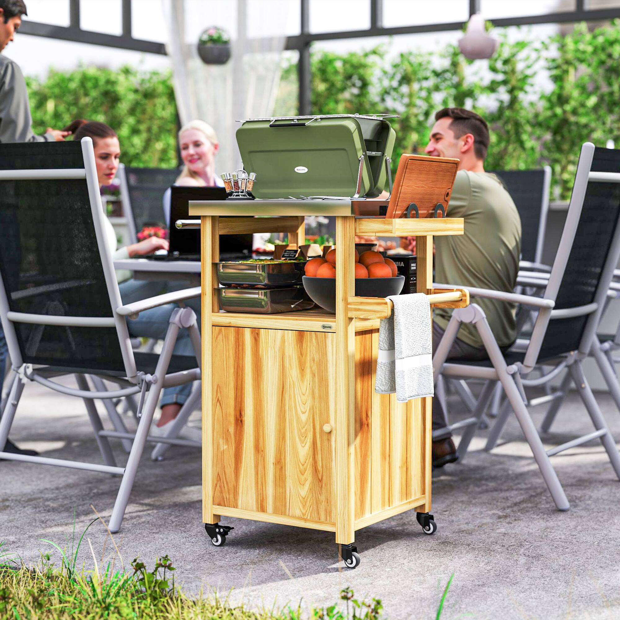 Alt View 8. Outsunny - Outdoor Grill Cart with Wheels, Stainless Steel Top, Solid Wood Outdoor Kitchen Island with Storage Cabinet - Natural Wood.