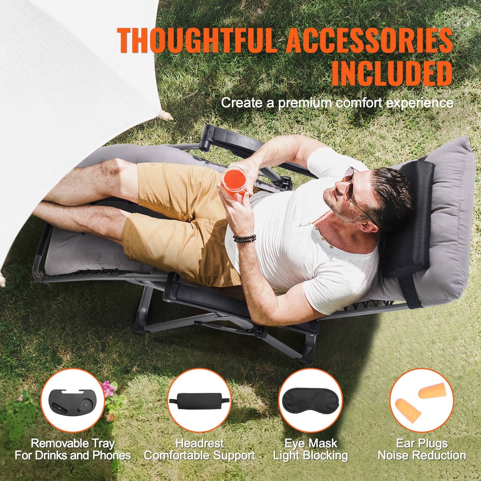 THOUGHTFUL ACCESSORIES INCLUDED  
Create a premium comfort experience  

- Removable Tray For Drinks and Phones  
- Headrest Comfortable Support  
- Eye Mask Light Blocking  
- Ear Plugs Noise Reduction