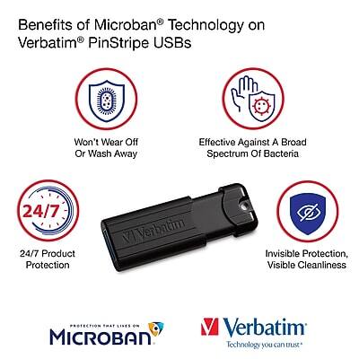 Benefits of Microban® Technology on Verbatim® PinStripe USBs

- Won't Wear Off Or Wash Away
- Effective Against A Broad Spectrum Of Bacteria
- 24/7 Product Protection
- Invisible Protection, Visible Cleanliness

Protection That Lasts On Microban®
Verbatim Technology you can trust*