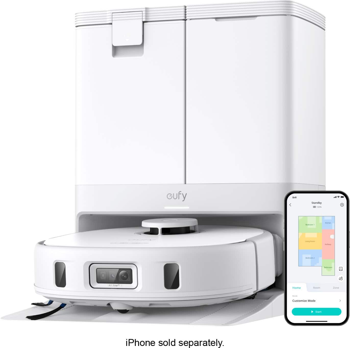 The image features a white device with a remote control on top of it. The device is a Cufy standby mode, which allows users to customize their mode and standby zone. The iPhone is sold separately, as indicated by the image.