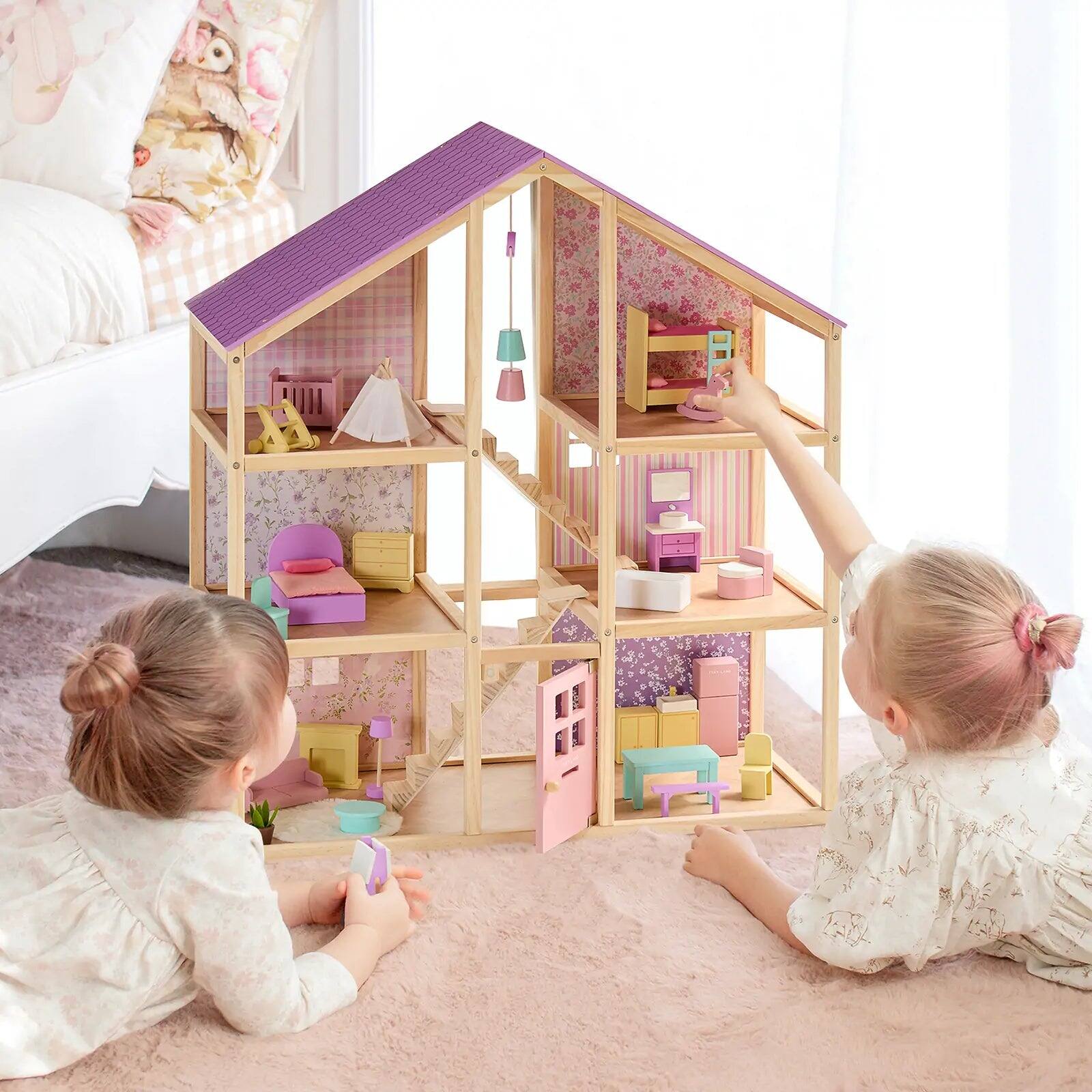 Left. Tiny Land - 3-Story Wooden Dollhouse with 31 Furniture Pieces, Dollhouse Dolls & Baby Stroller, Pretend Play Toy for Kids - Unicorn Purple.