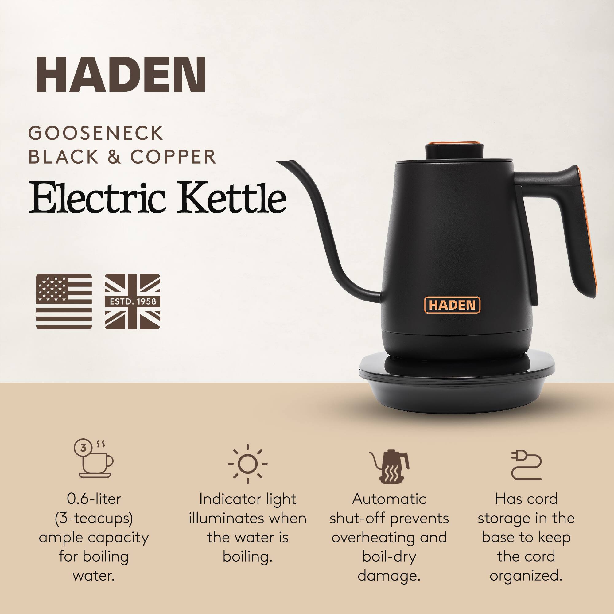 Haden - Electric Tea Kettle, Gooseneck Hot Water Boiler, 0.6L Teapot, Black/Copper - Black, Copper - Thumbnail 3