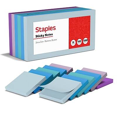 Staples Sticky Notes  
3 in x 3 in - 75mm x 75mm  
12 sheets per pad  
100 pads  
1200 sheets total