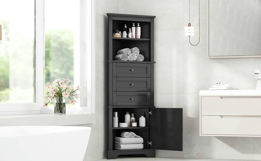 Alt View 4. Kadyn - Black Triangle Tall Cabinet with 3 Drawers and Adjustable Shelves for Bathroom, Kitchen or Living Room, MDF Board - Black.