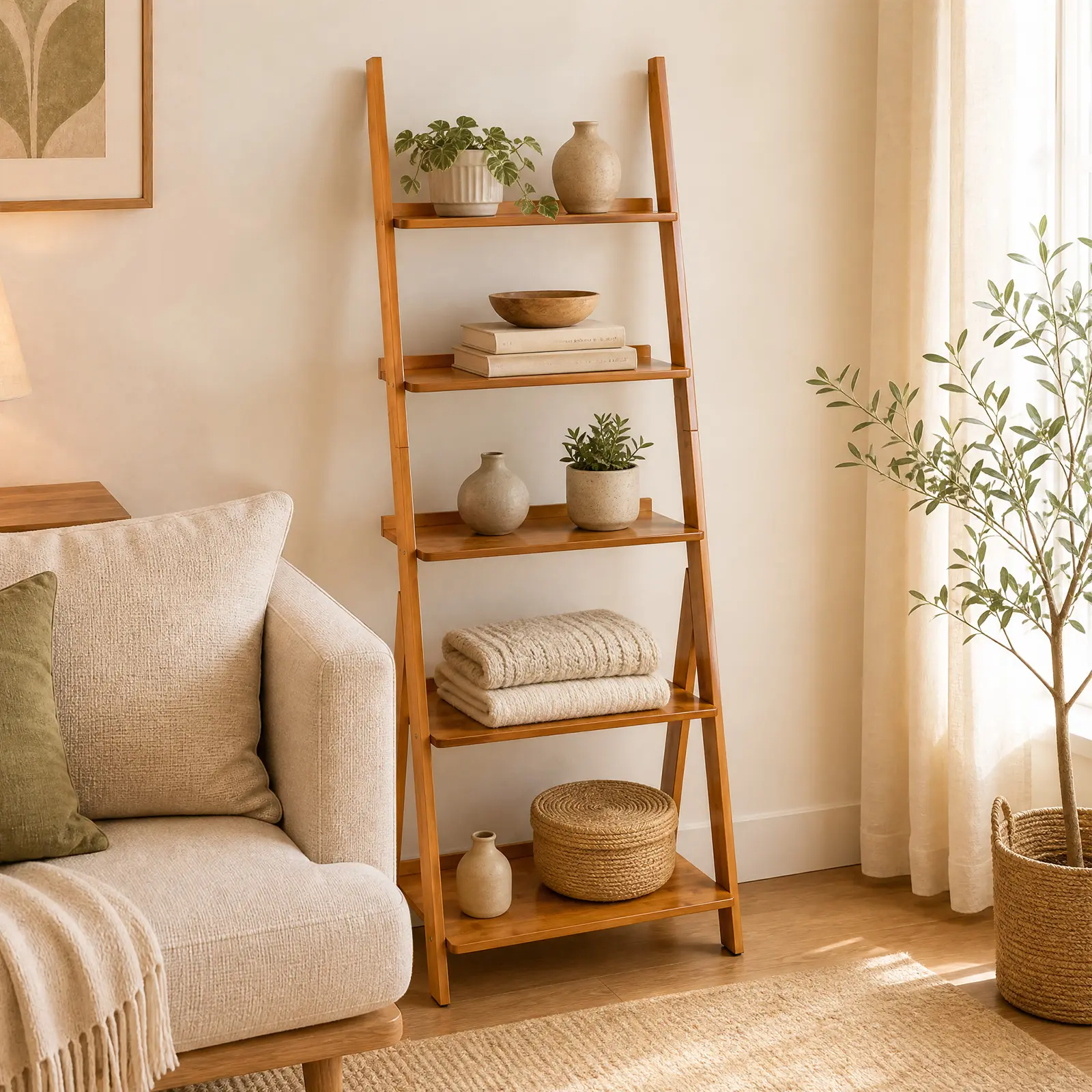 Alt View 1. Costway - Costway 5-Tier Bamboo Ladder Shelf Bookshelf Display Storage Rack Flower Stand - Natural.