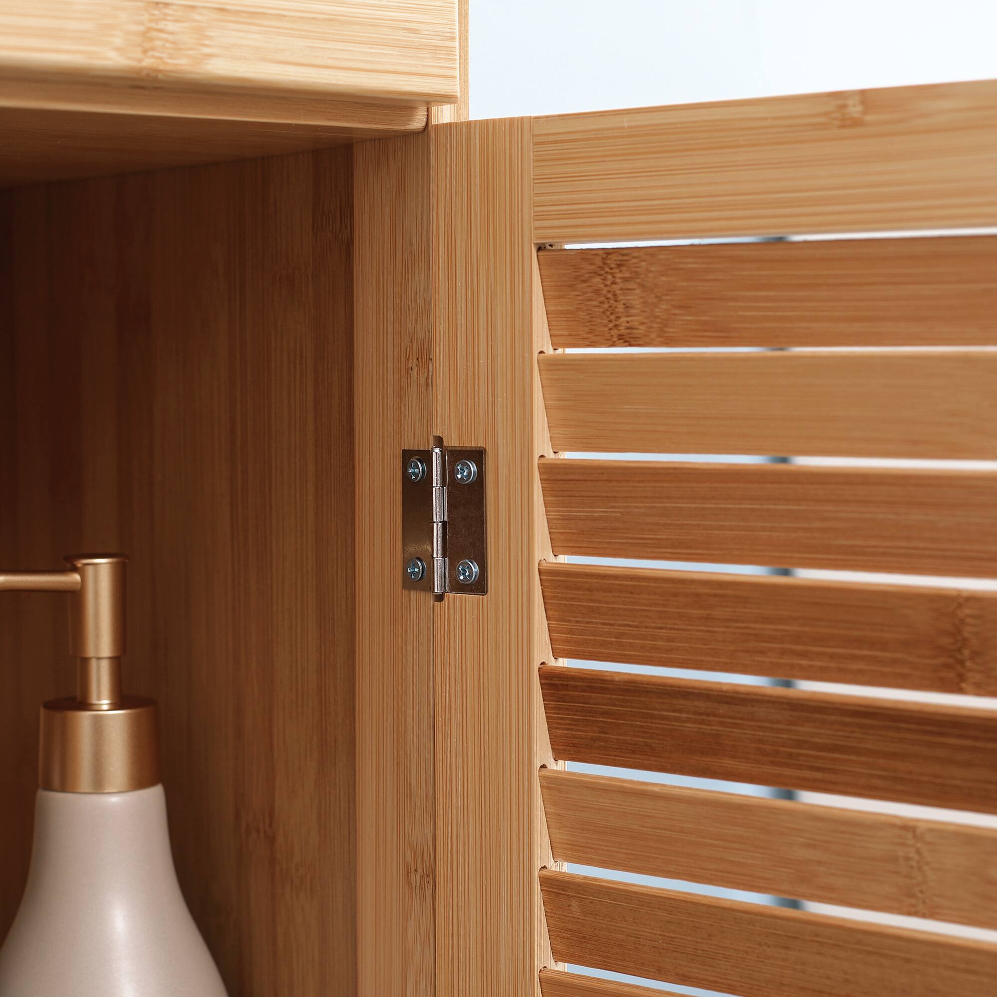 Alt View 7. Kleankin - Tall Bathroom Cabinet with Drawer and Slatted Shelves, Slim Bamboo Linen Tower with Louvered Door - Natural wood finish.